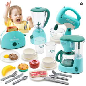Pretend Play Kitchen Appliances Toy Set, Kids Kitchen Accessories Set - Coffee Maker, Toaster, Mixer, Blender with Light and Sound, Food Playset, Dishes for Girls Boys Kids Ages 3 4 5 6 7 8